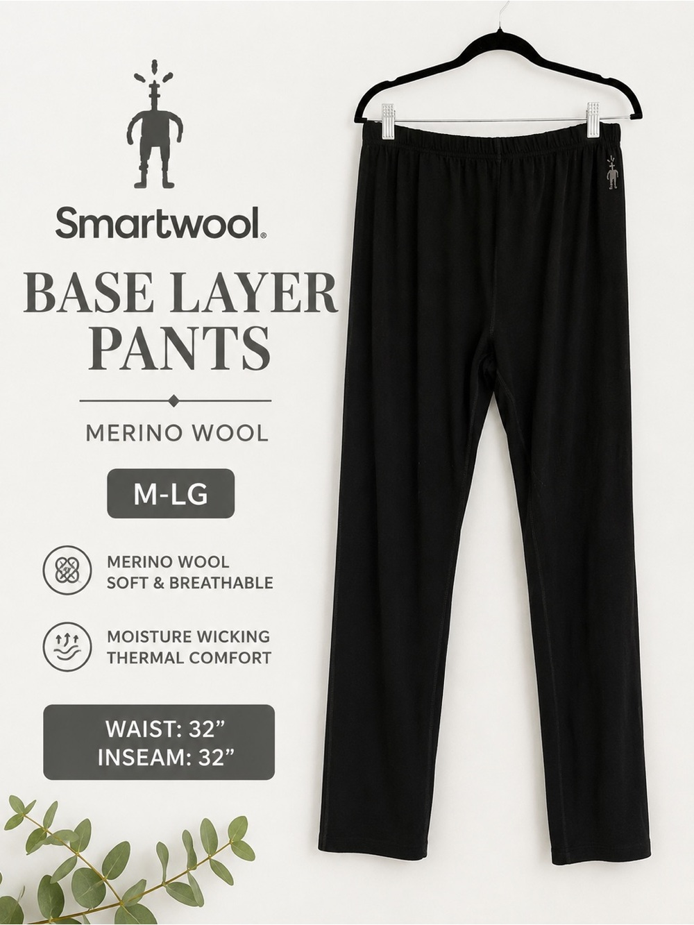 Smartwool Merino Wool Base Layer Pants Black Size M-LG Thermal Leggings 32x32